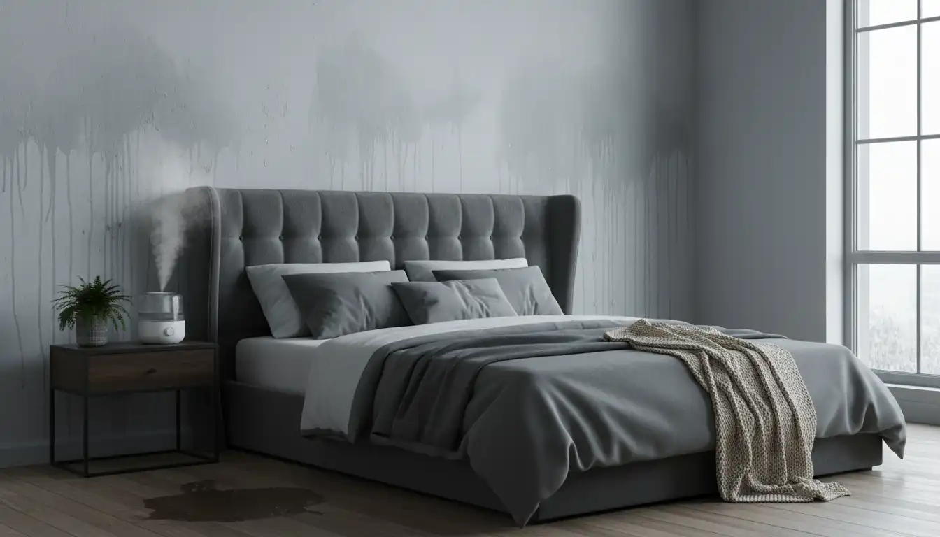 A bed with a dark gray upholstered headboard is positioned against a light gray exterior wall, showing visible signs of condensation and moisture.
