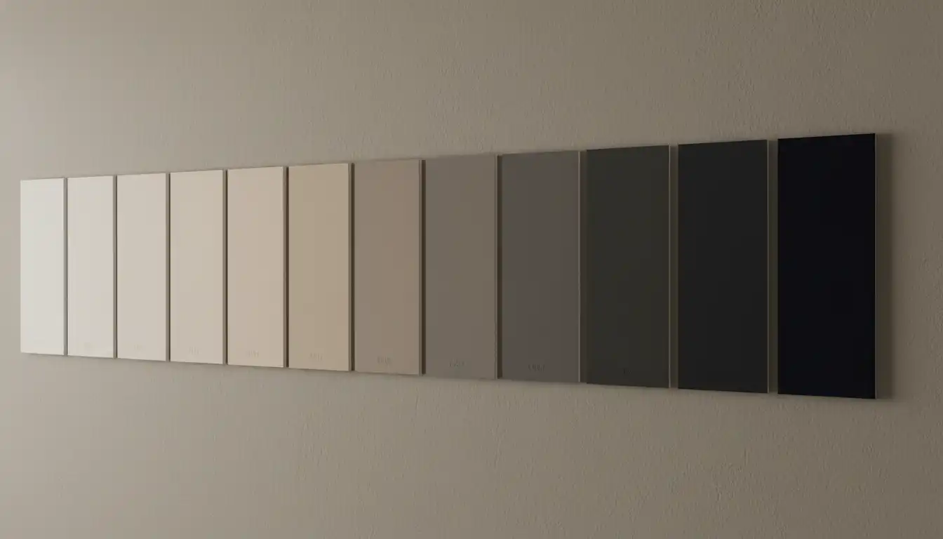 A series of paint swatches transitioning from light to dark on a neutral wall.