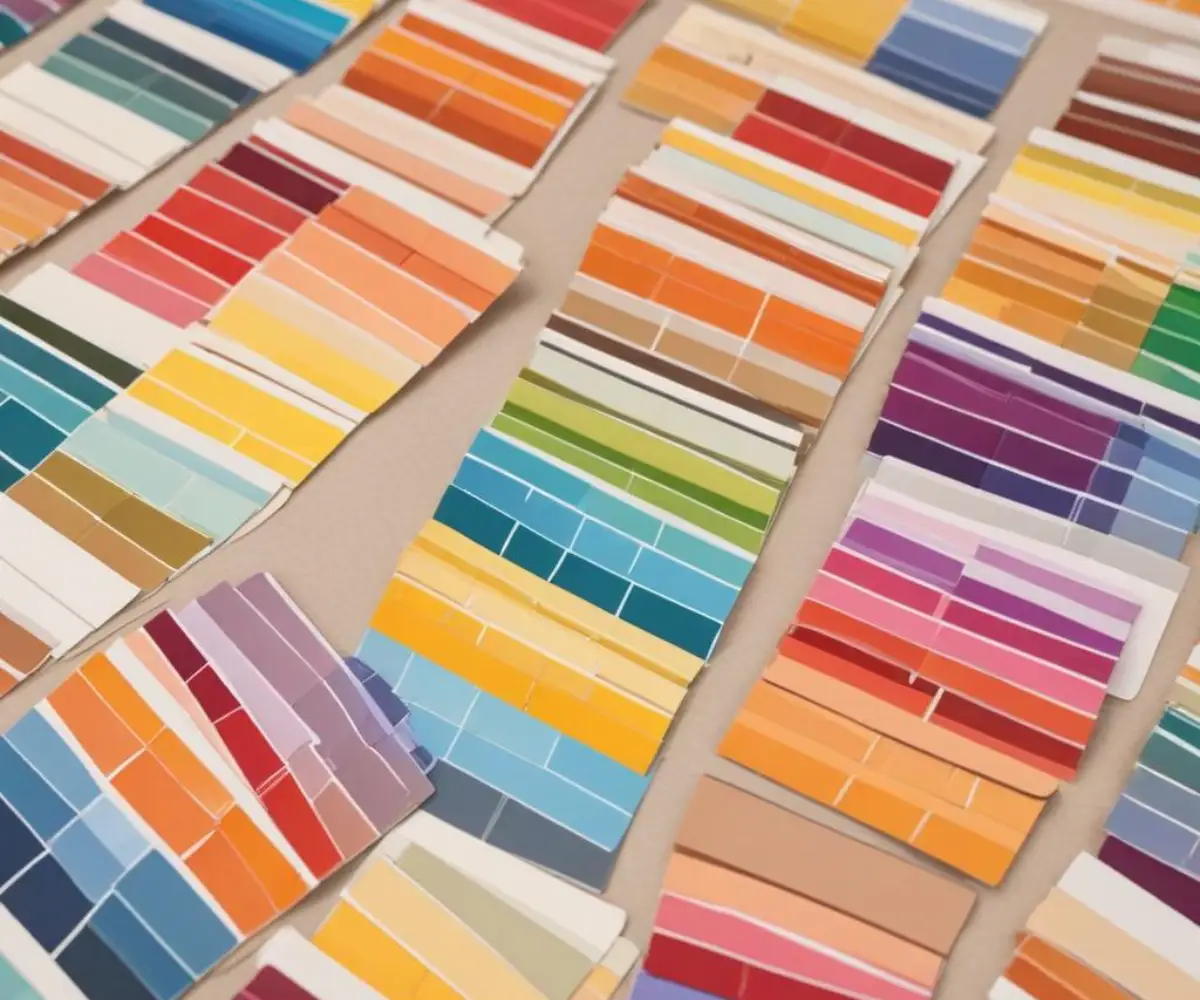 Rows of colorful paint swatch cards fanned out on a flat surface.