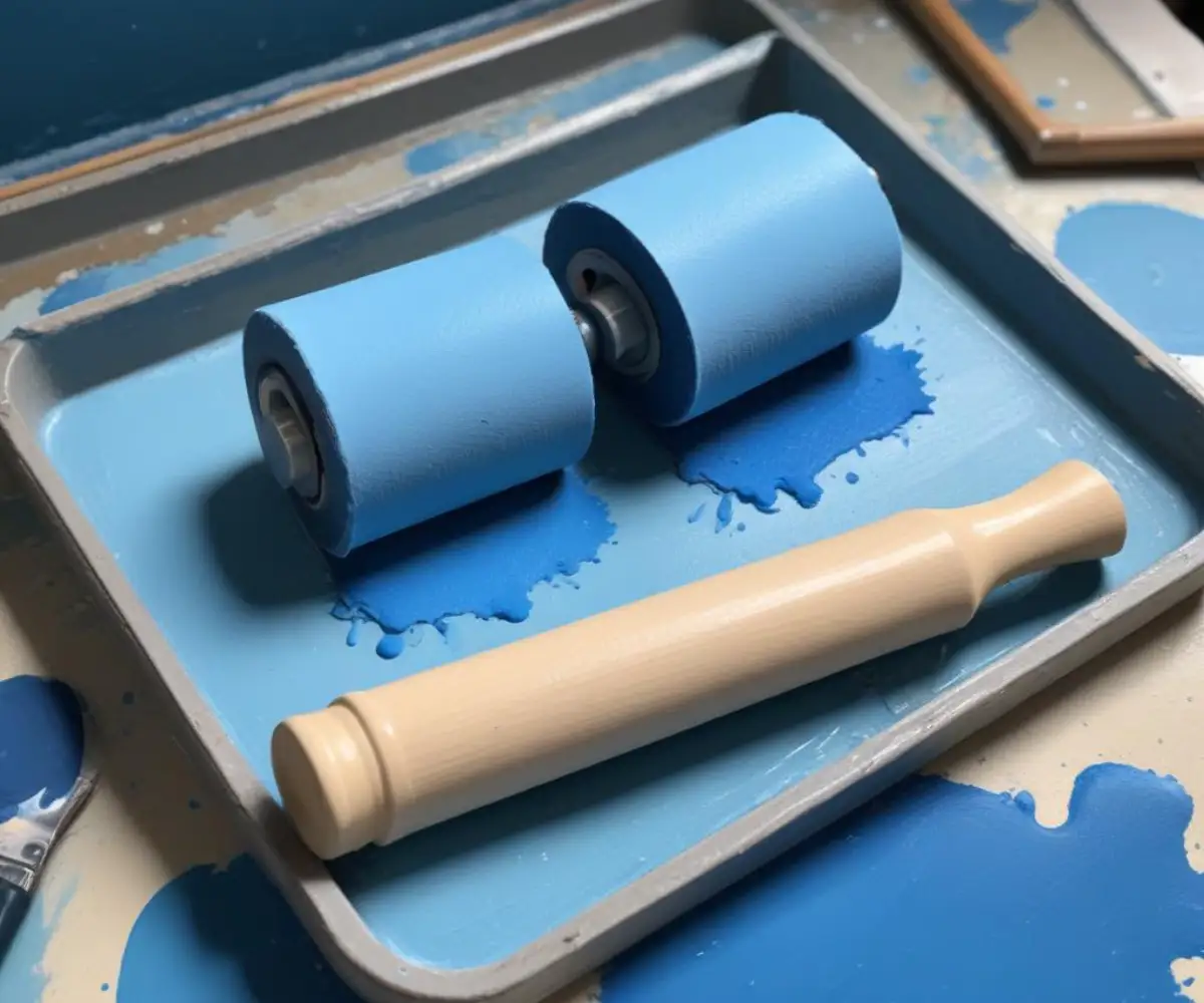 Two paint rollers with different shades of blue paint resting on a paint tray.