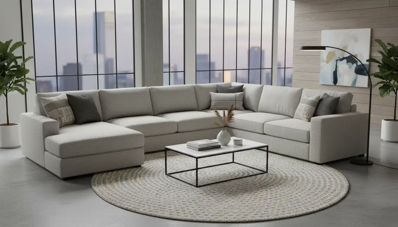 A light gray fabric Benchcraft sectional sofa in a modern living room.