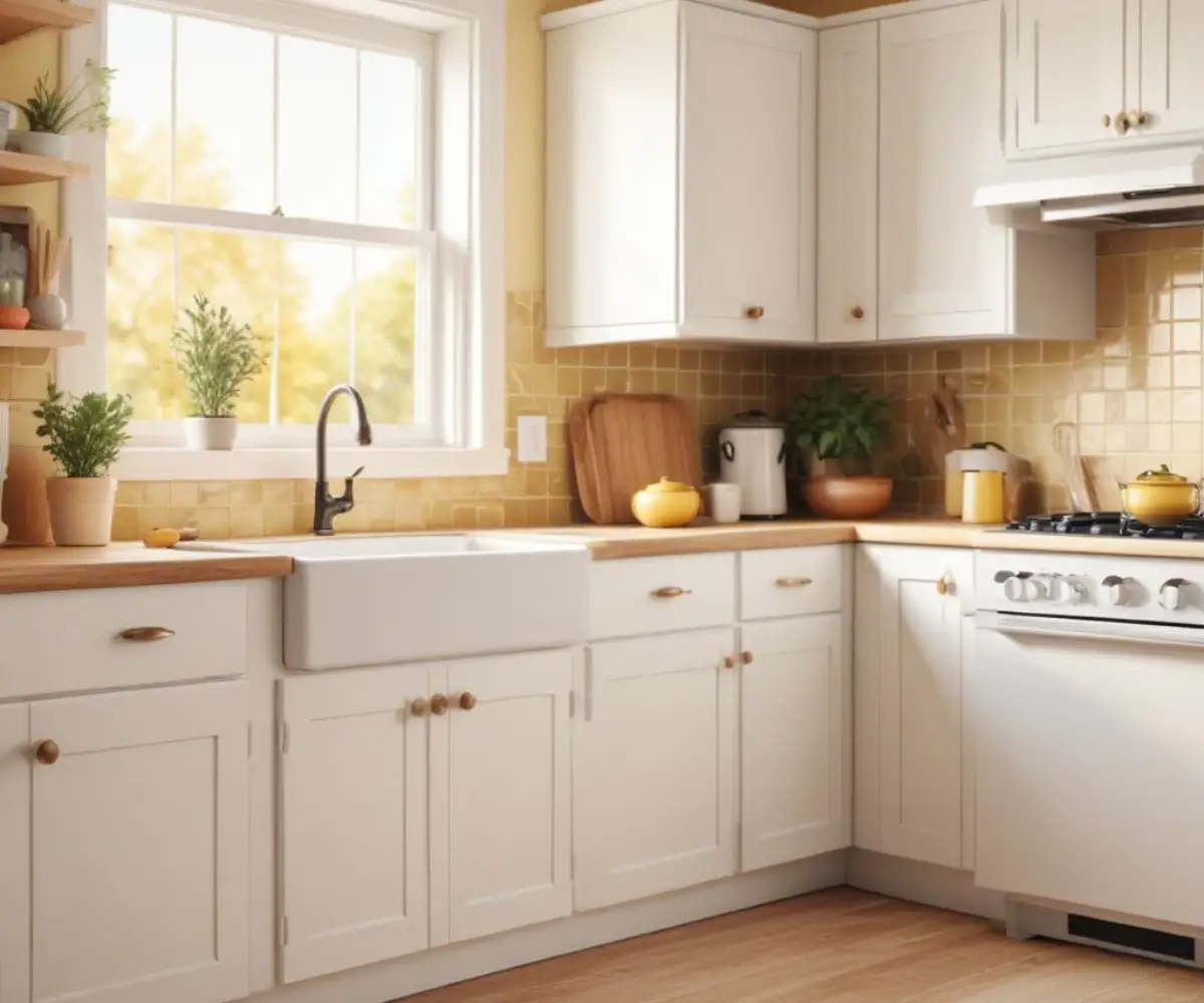 White painted kitchen cabinets showing yellowing discoloration over time.