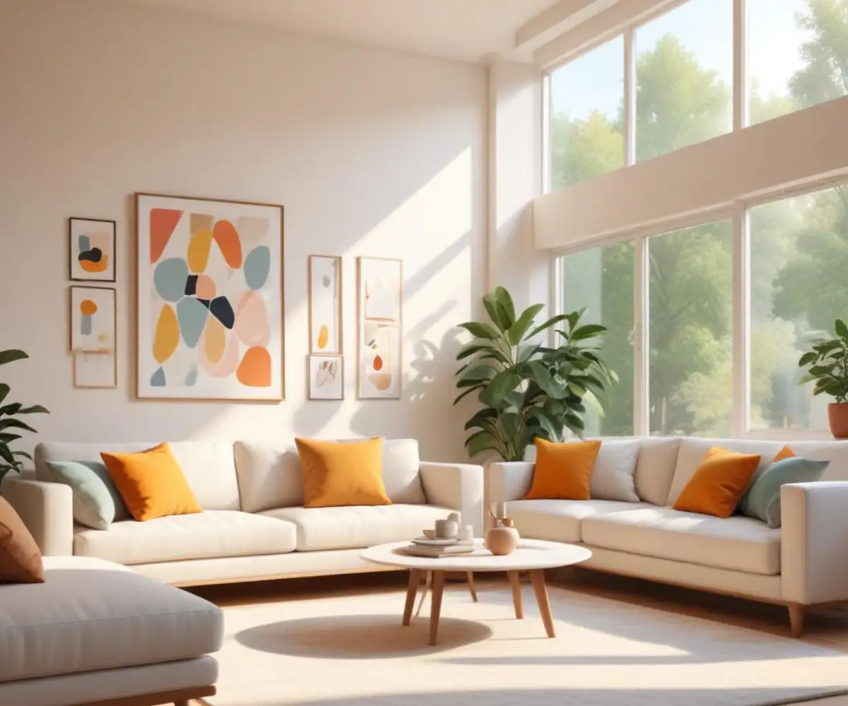 Living room interior with walls painted a soft, off-white color.