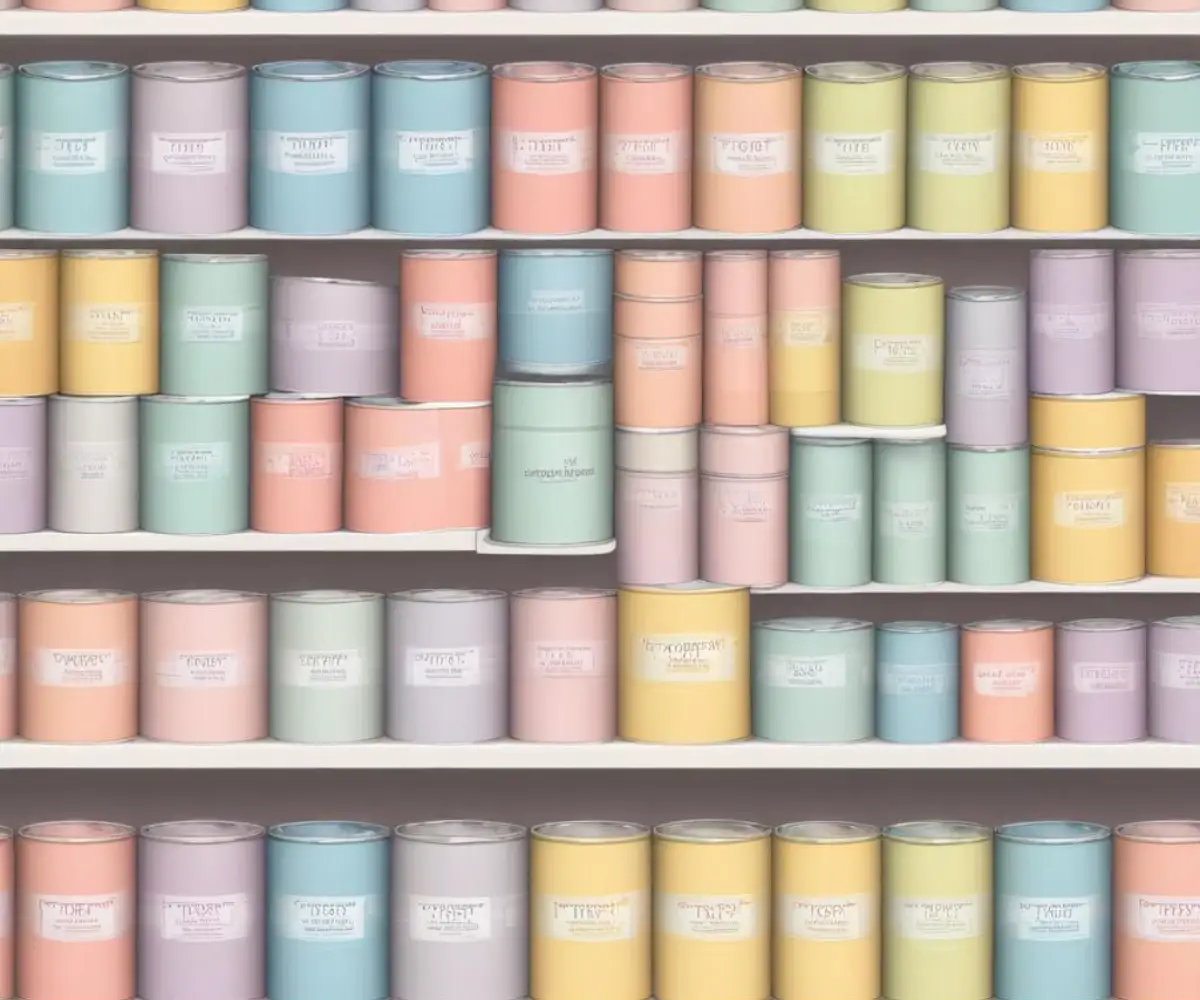 Stacks of colorful paint cans with branded labels on a retail store shelf.