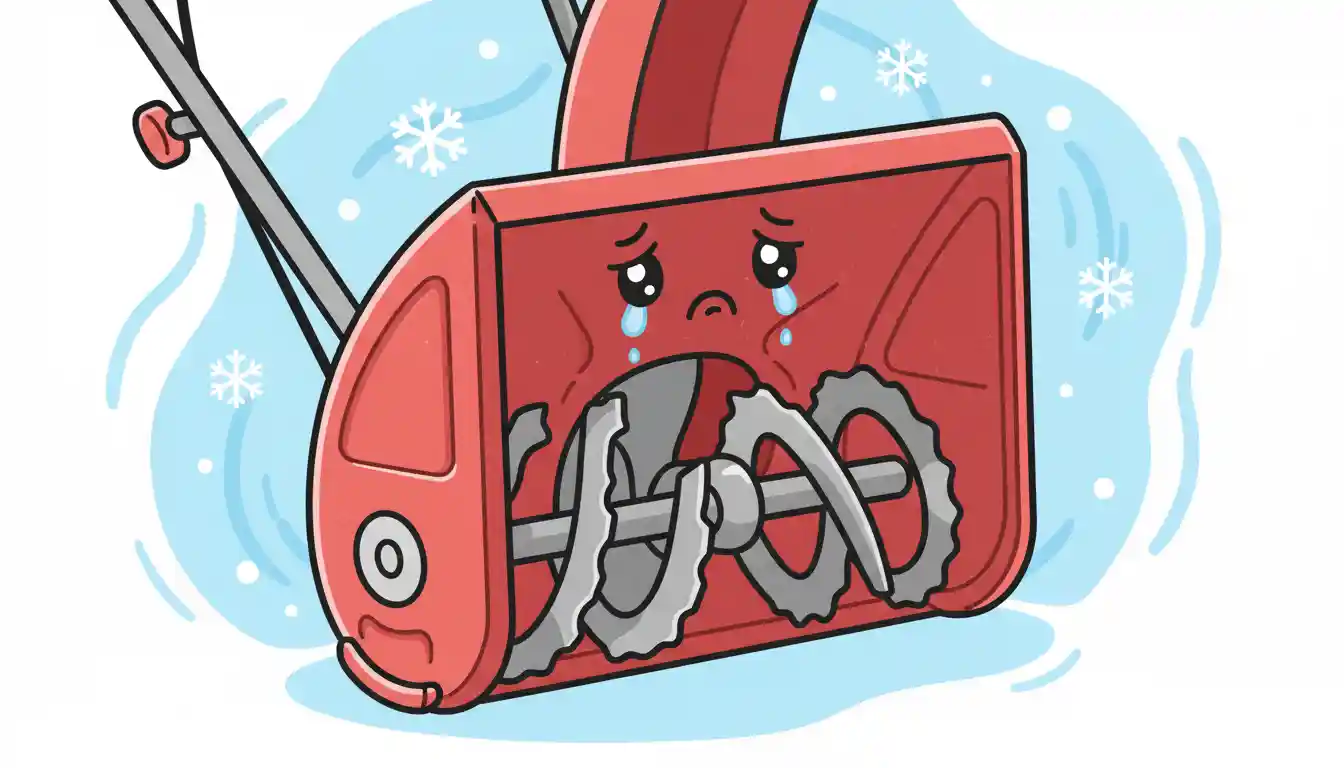 Close-up of a bent red metal snowblower auger housing.