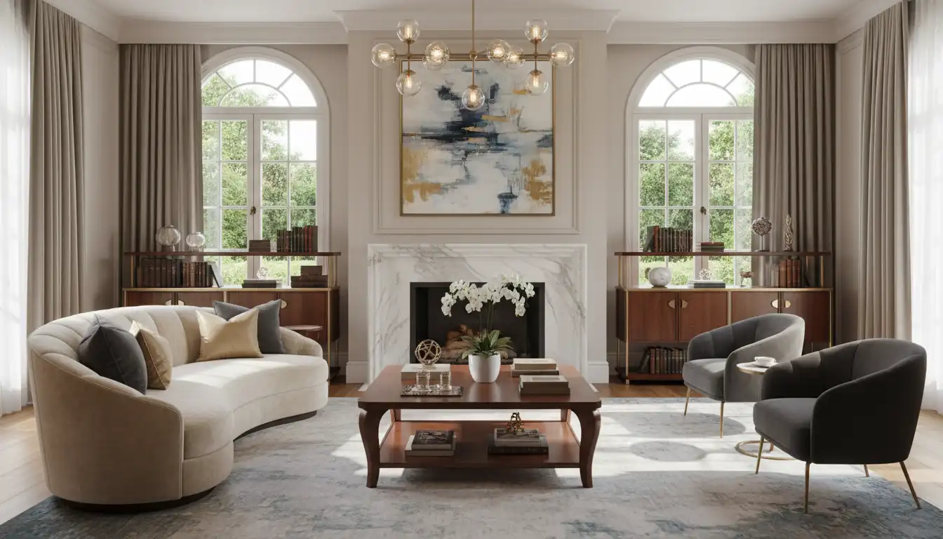 A luxurious living room with a sophisticated sofa and elegant wooden coffee table in a well-lit space.