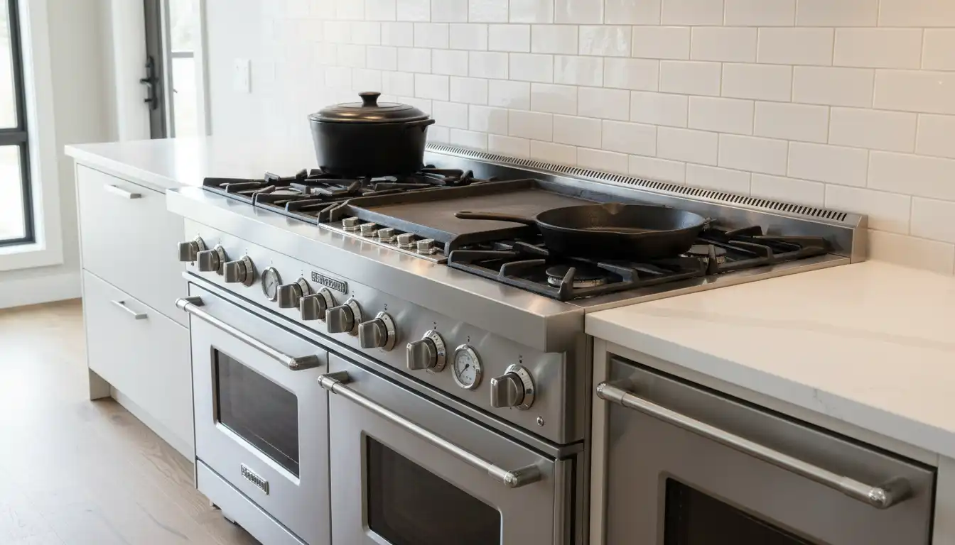 A stainless steel Bertazzoni 48-inch professional-style kitchen range with six burners, a griddle, and two oven doors, set against a neutral backsplash.