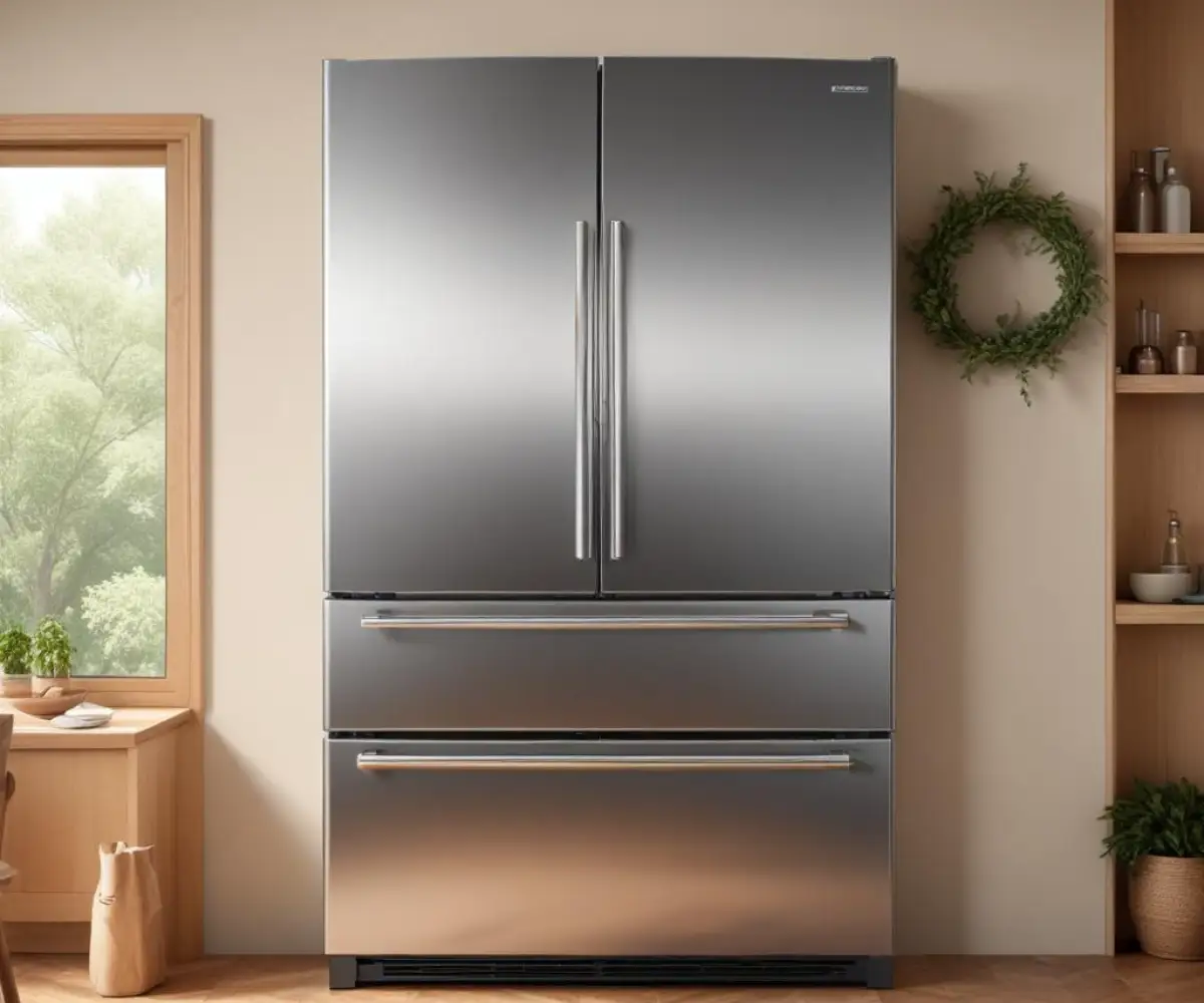 A stainless steel, French door Bertazzoni refrigerator with a bottom freezer.