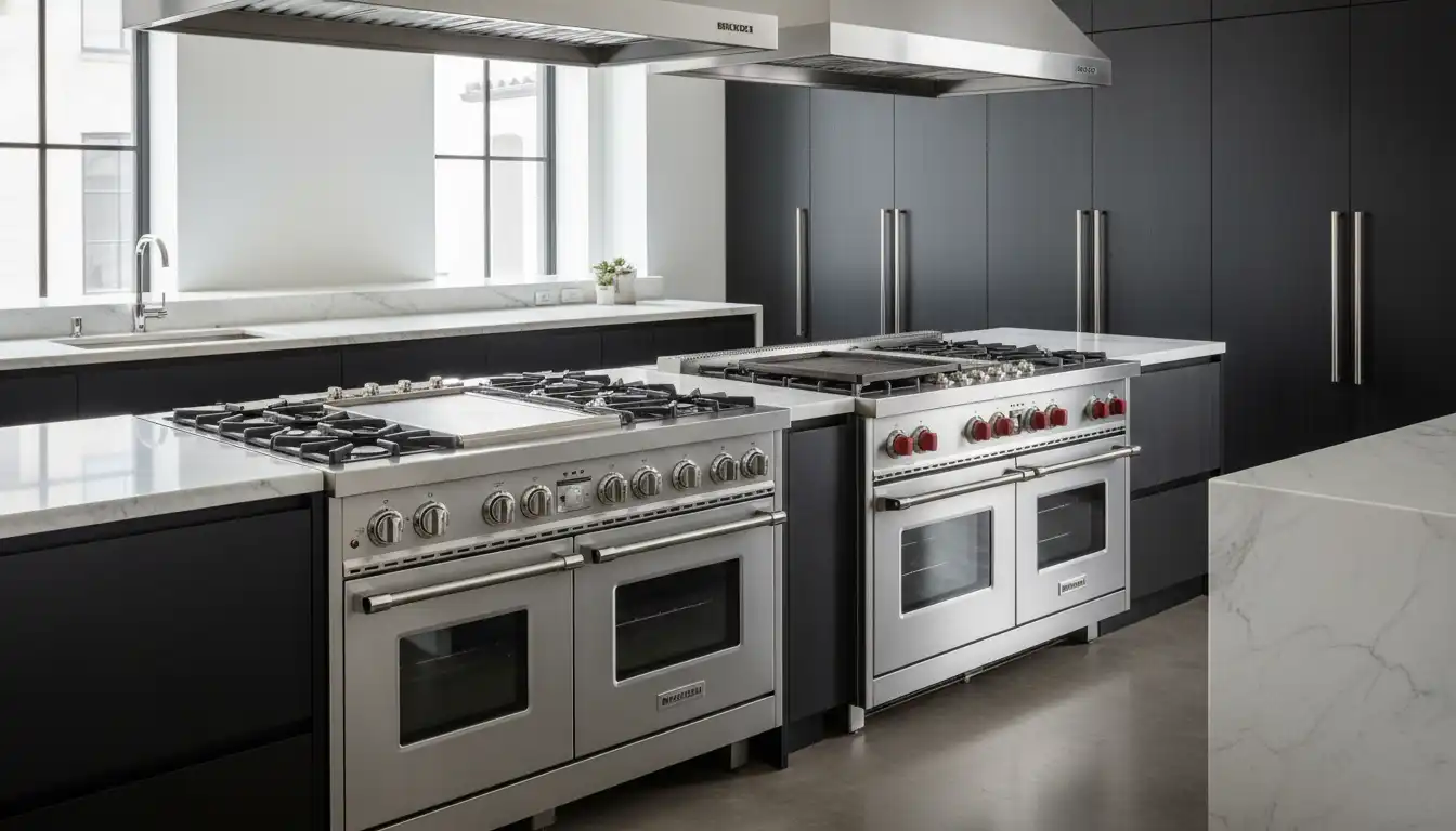 A professional-style stainless steel Bertazzoni range positioned next to a Wolf range in a sleek, modern kitchen setting.