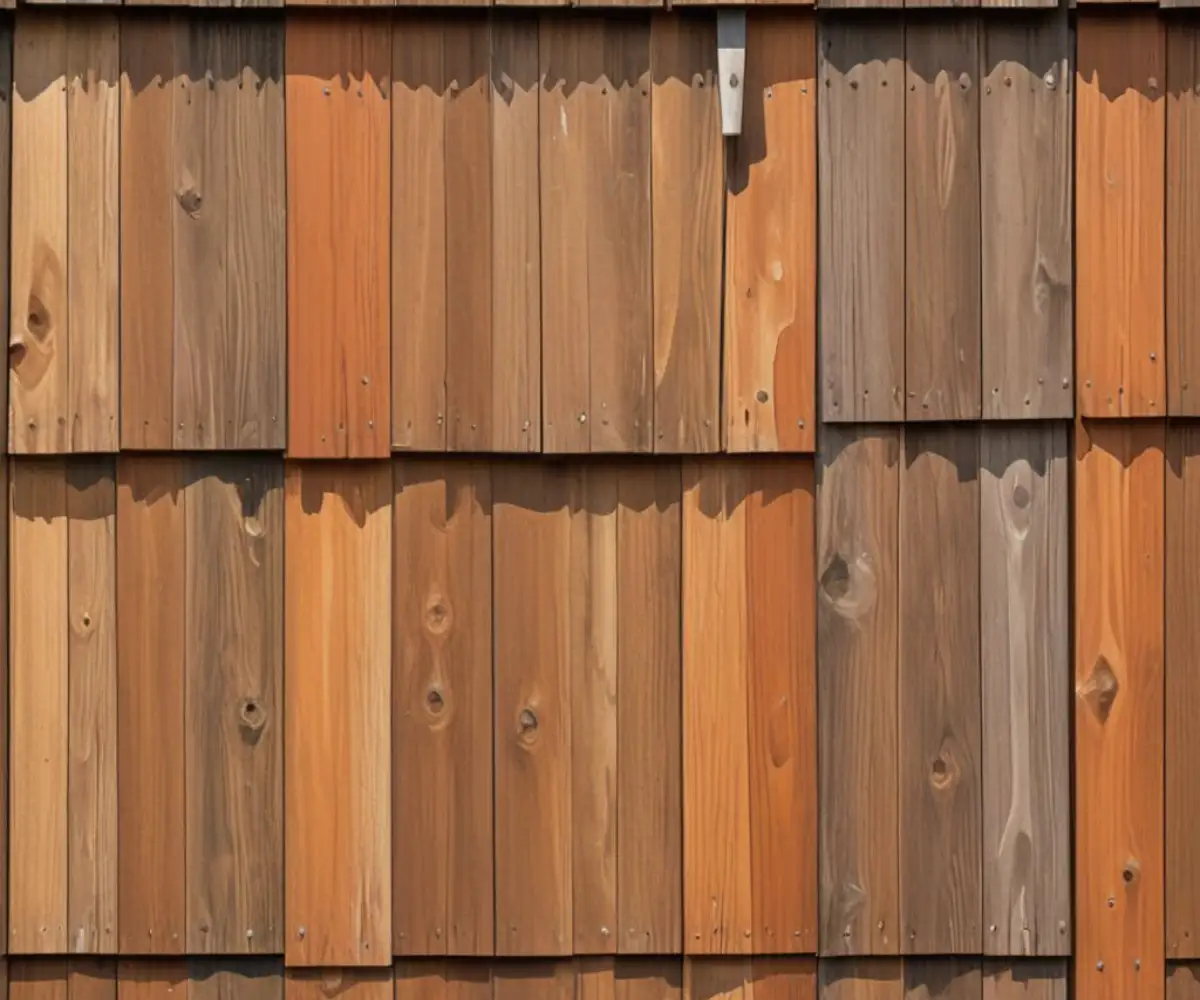 A high-quality paintbrush applying a fresh coat of stain to natural cedar shake siding.