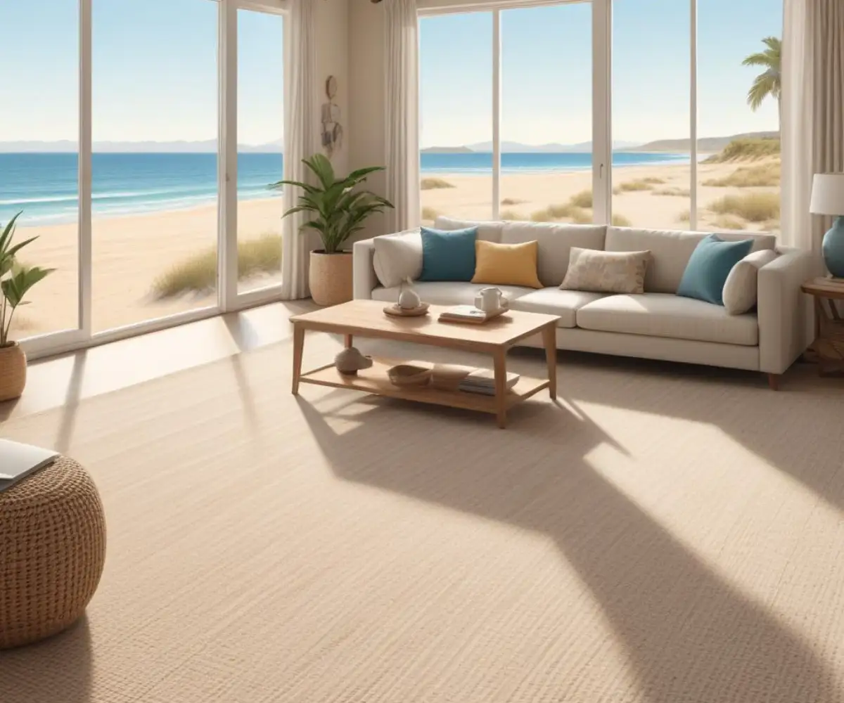 Neutral-toned, low-pile sisal carpet in a brightly lit living room with large windows showing a sandy beach and ocean.