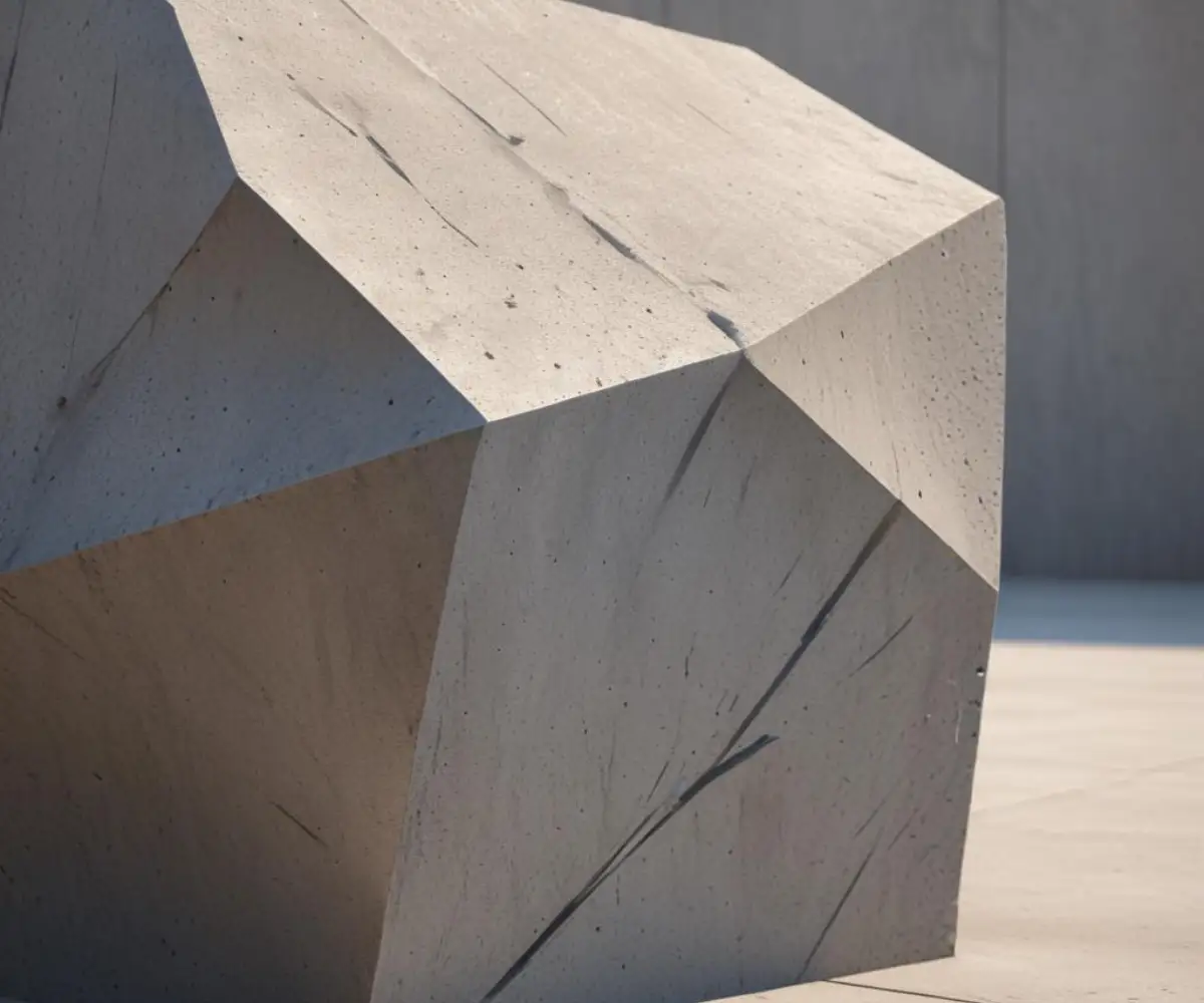 A close-up of a textured, gray, abstract concrete sculpture, showcasing its rough and detailed surface under directional light.