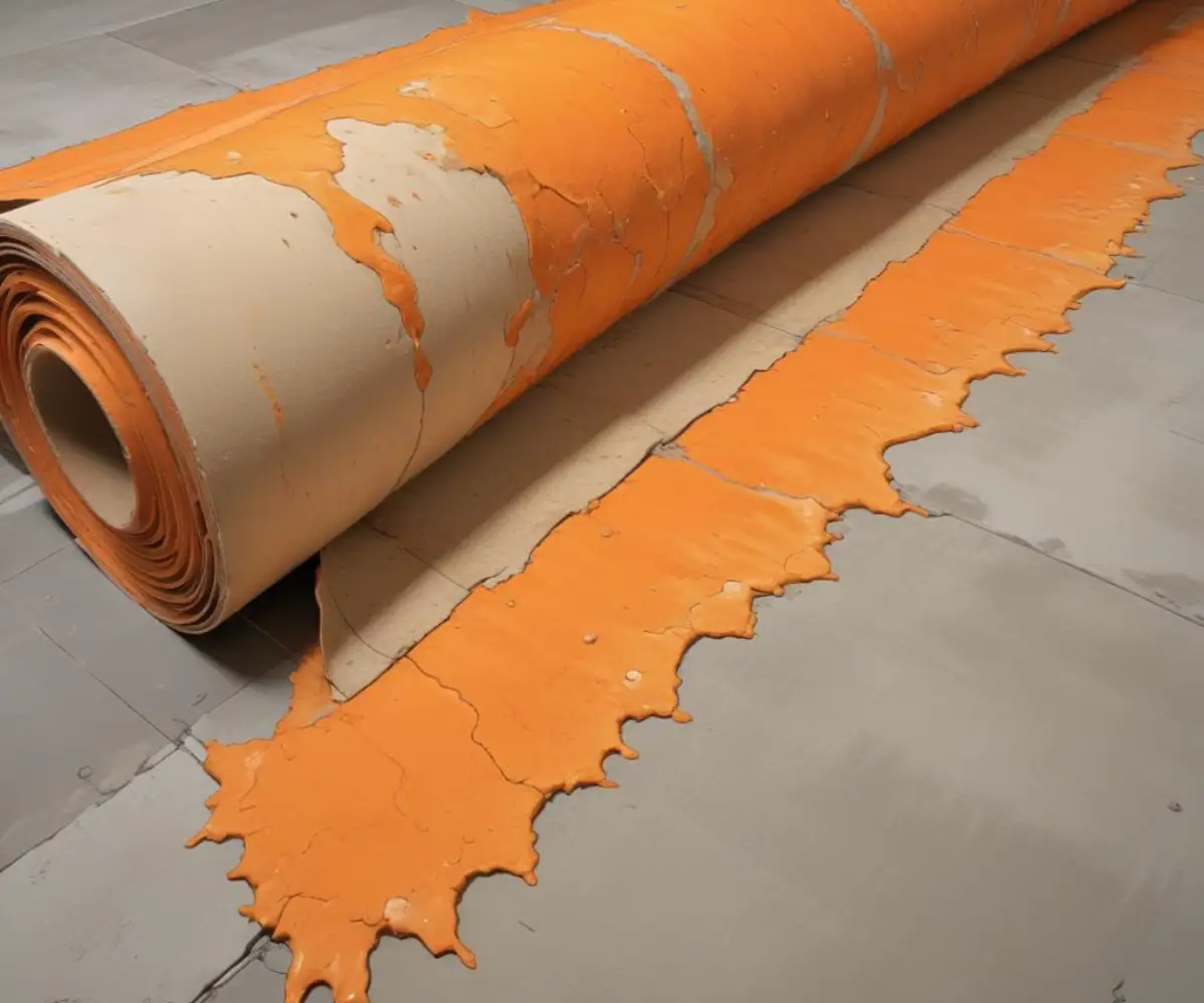 A roll of orange dimpled crack isolation membrane partially installed over a concrete subfloor.