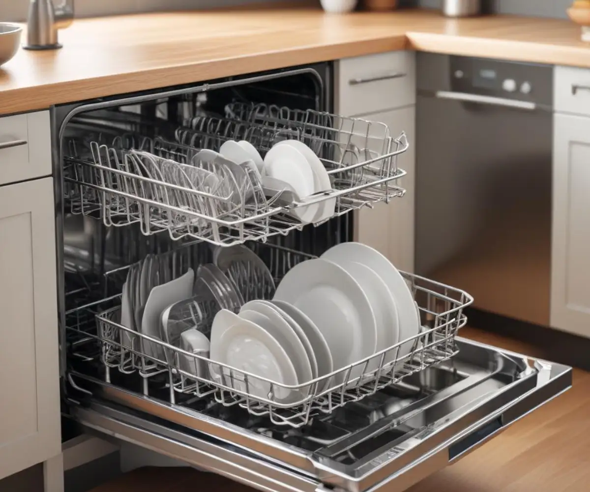 Interior of a clean stainless steel dishwasher with sparkling dishes on the racks.