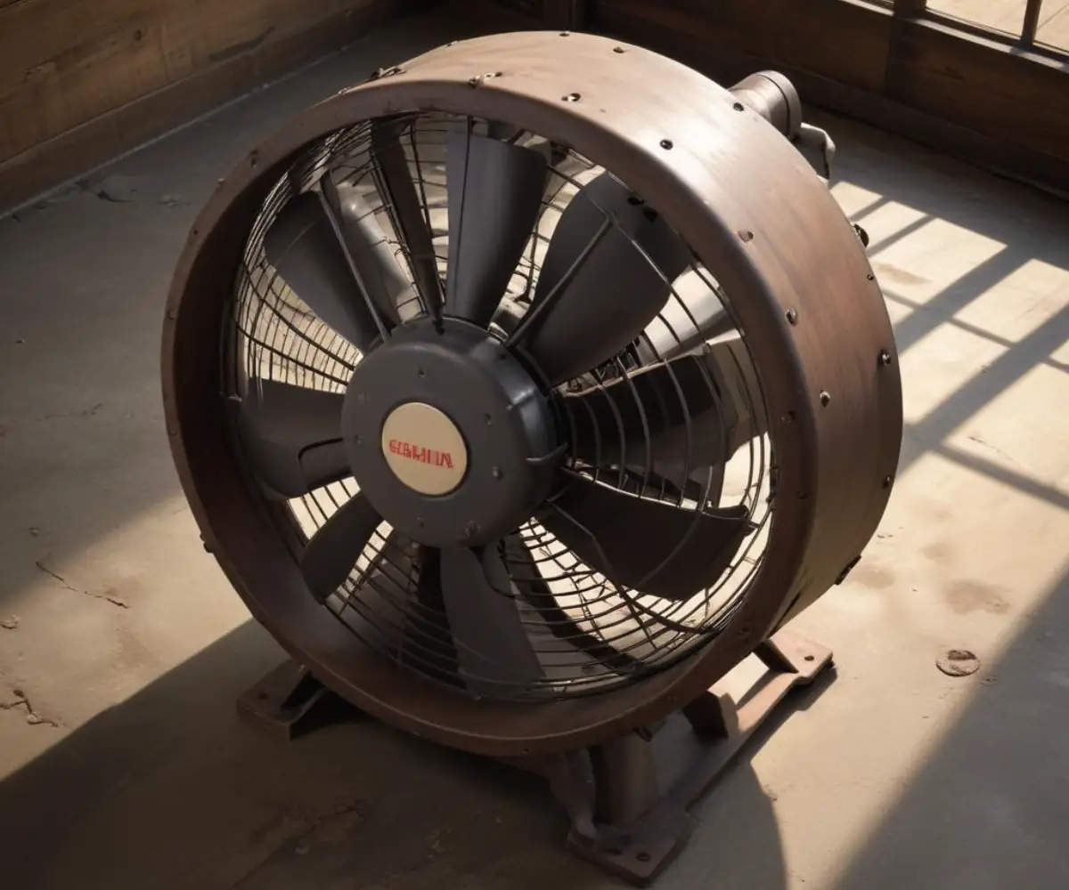 A high-velocity industrial floor fan placed on the concrete floor of a dark, unfinished crawl space.