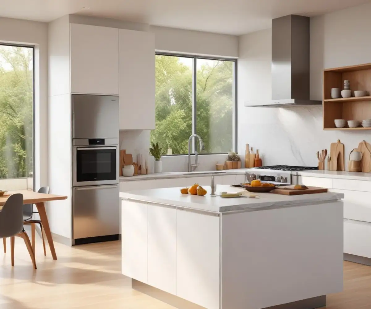 A sleek, modern kitchen featuring white, handle-free frameless cabinets and stainless steel appliances.