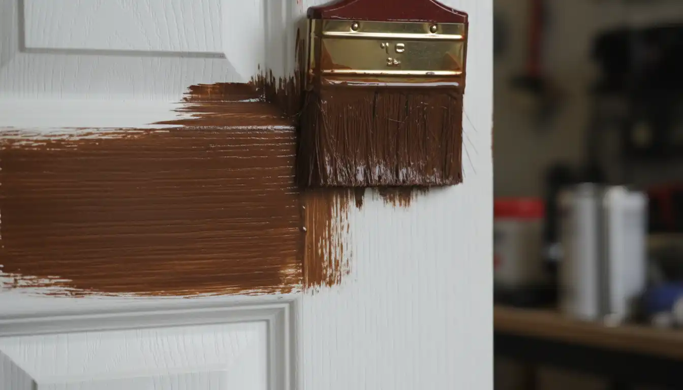 A close-up view of a brush applying a rich, dark gel stain to the textured grain of a white fiberglass door.