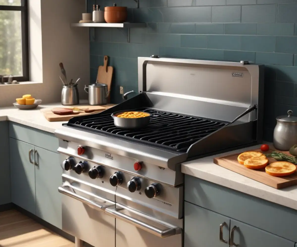 A stainless steel griddle placed over the burners of a Wolf gas range.