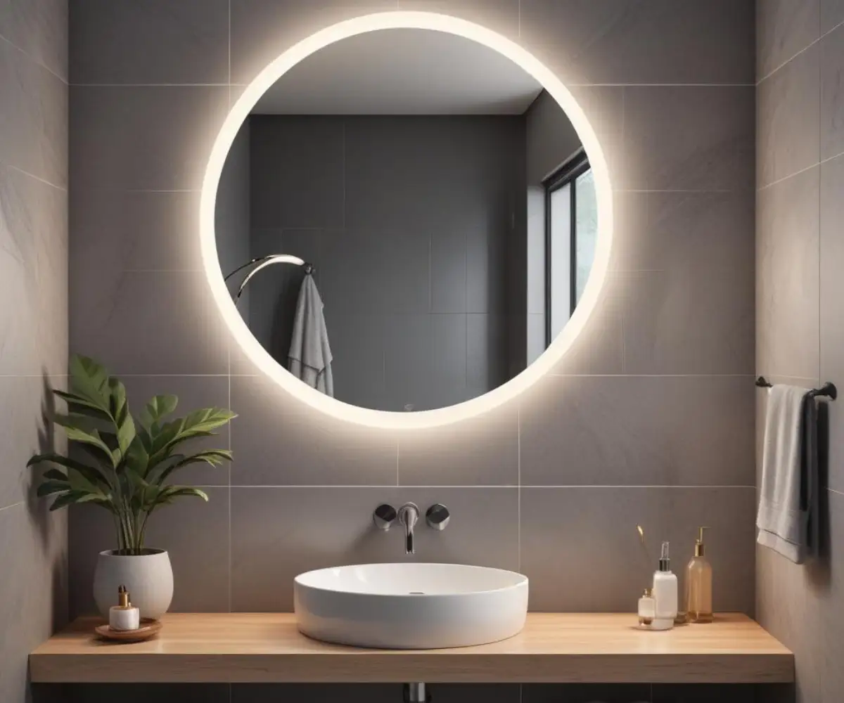 A modern, round vanity mirror with integrated LED backlighting, mounted on a sleek, gray tiled bathroom wall.