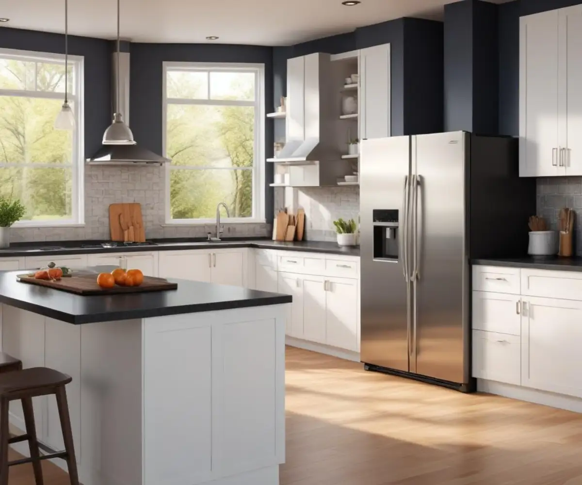 A modern kitchen with white shaker-style cabinets, stainless steel appliances, and a dark countertop.