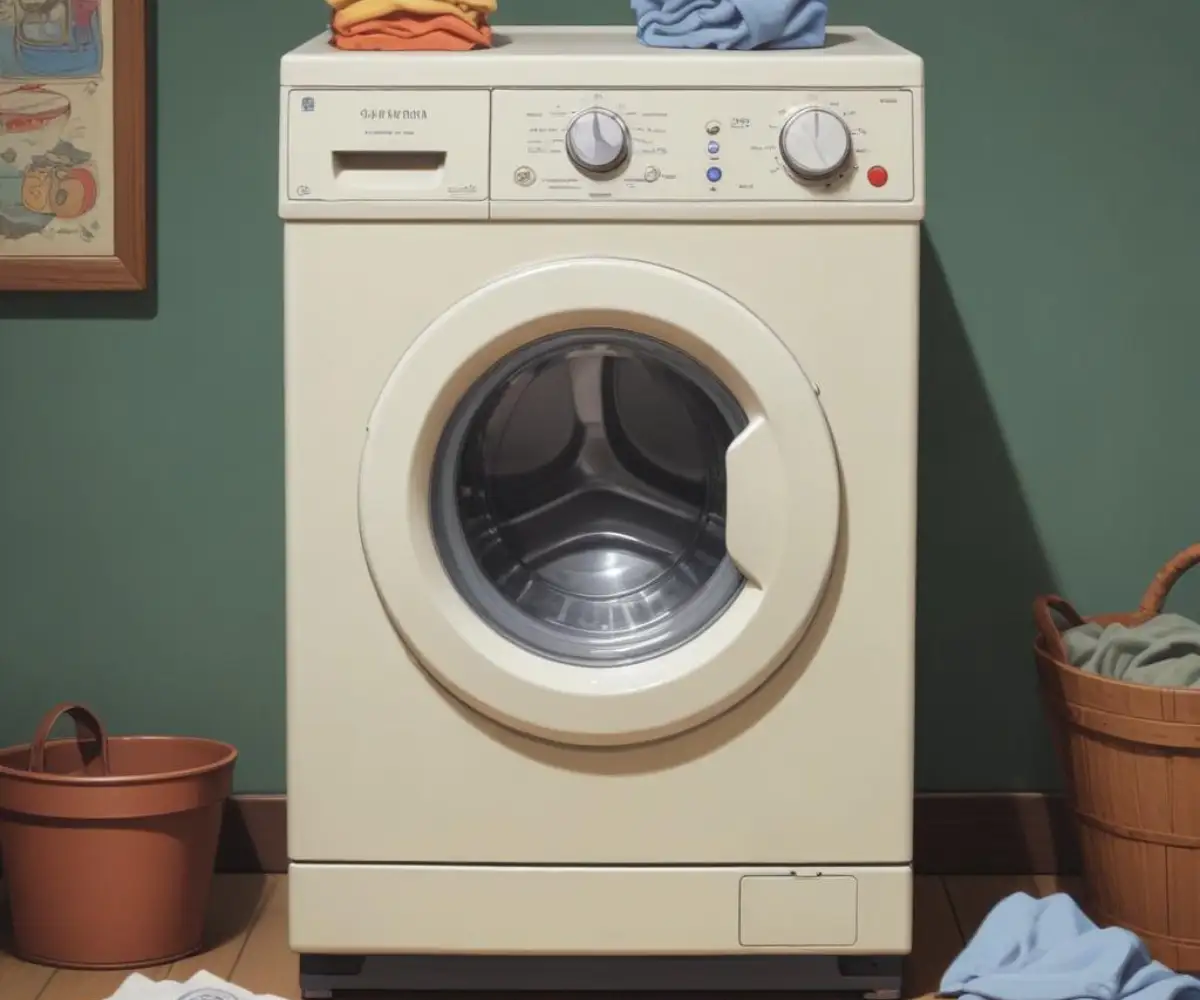 A classic top-load washing machine with prominent analog control dials and no digital screen.