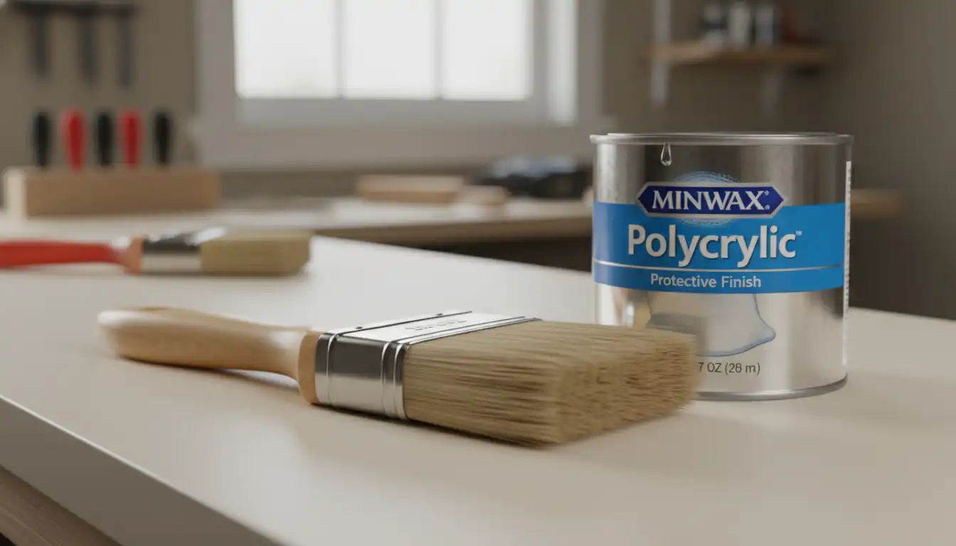A synthetic bristle paintbrush with a wooden handle resting on a clean, light-colored surface next to a can of polycrylic finish.