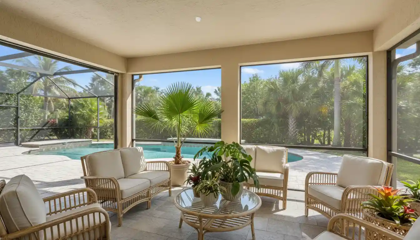 A freshly painted Florida lanai with light-colored wicker furniture and tropical potted plants, overlooking a serene pool.