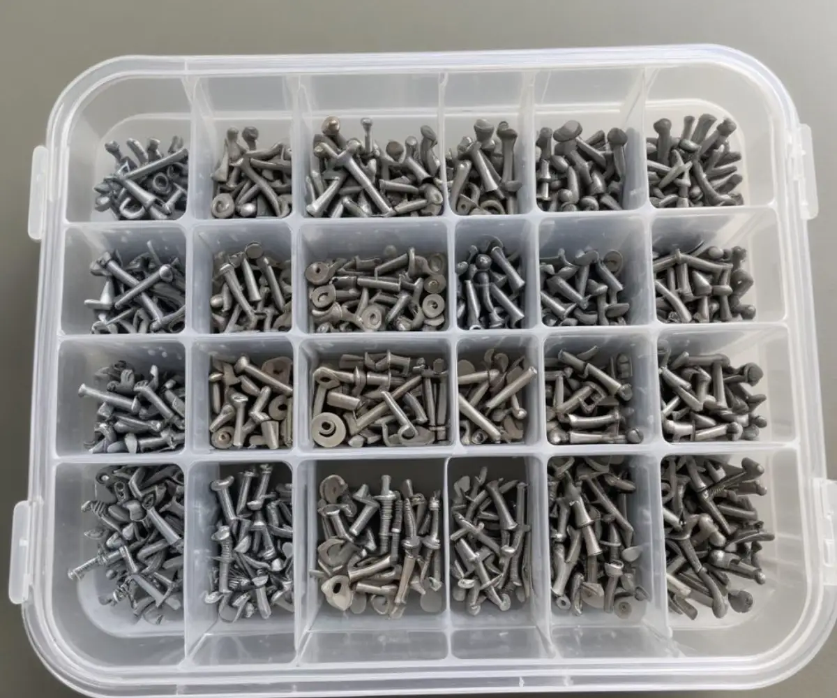 An assortment of galvanized steel screws neatly organized in a clear plastic container.