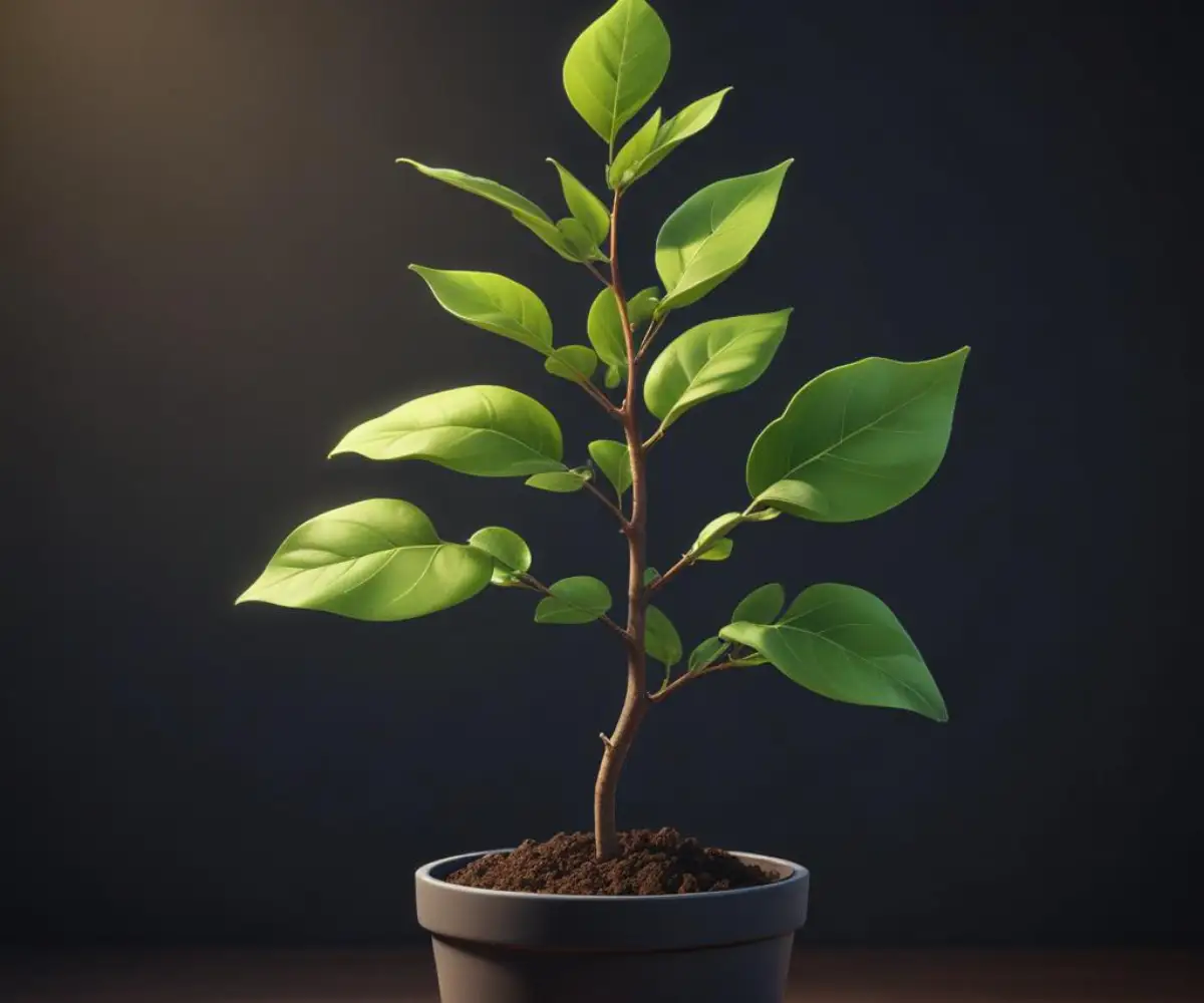 A small, healthy apple sapling with vibrant green leaves in a dark nursery pot.