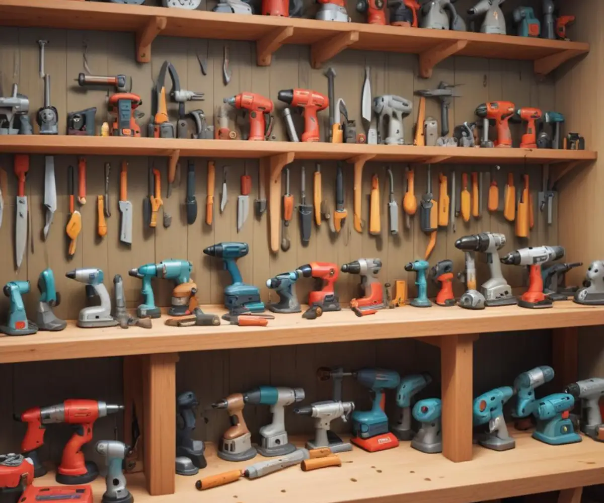 A collection of various cordless power tools from the same brand, arranged neatly on a wooden workbench in a workshop setting.