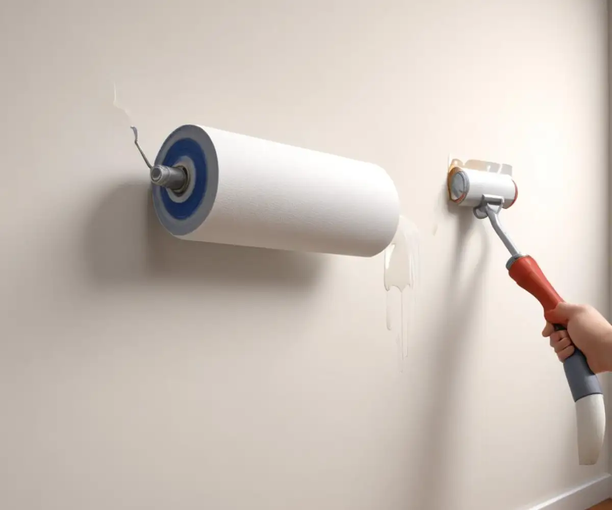Close-up of a paint roller applying white primer to a smooth, skim-coated wall.