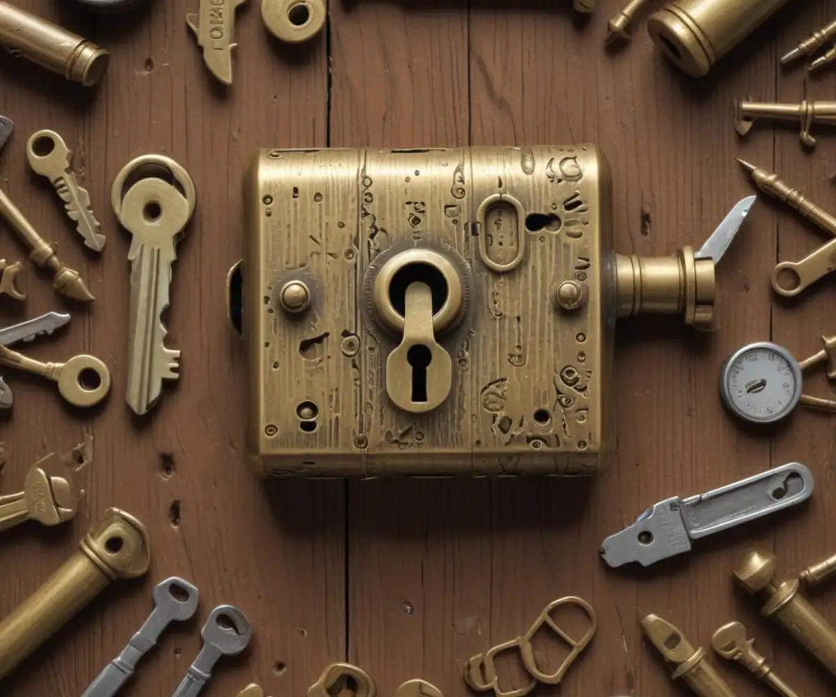 A brass lock cylinder with assorted rekeying pins, a key gauge, and small hand tools arranged on a neutral surface.