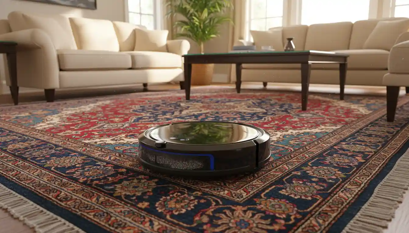 A sleek, black robot vacuum cleaning a vibrant, intricately patterned oriental rug in a well-lit living room.