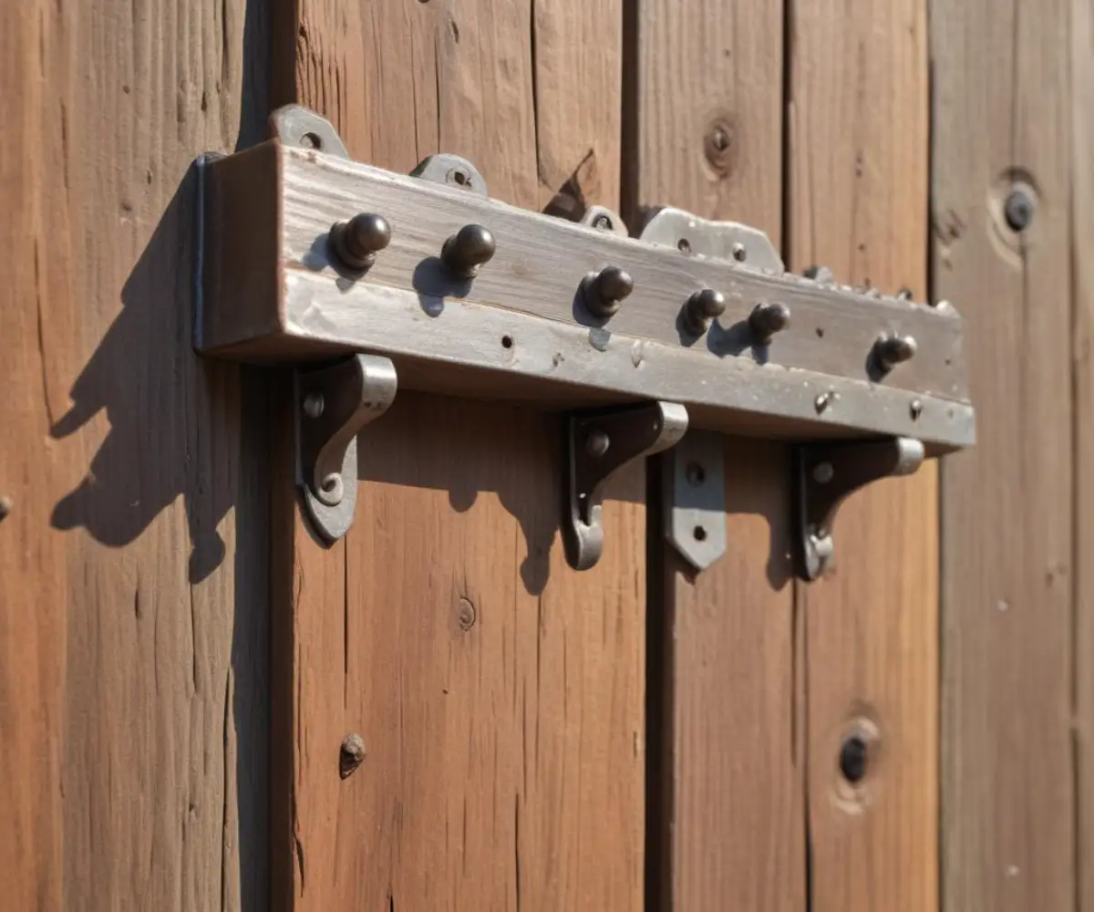 Close-up of a metal shelf bracket on a piece of wood, with a variety of screws and wall anchors suitable for installation.