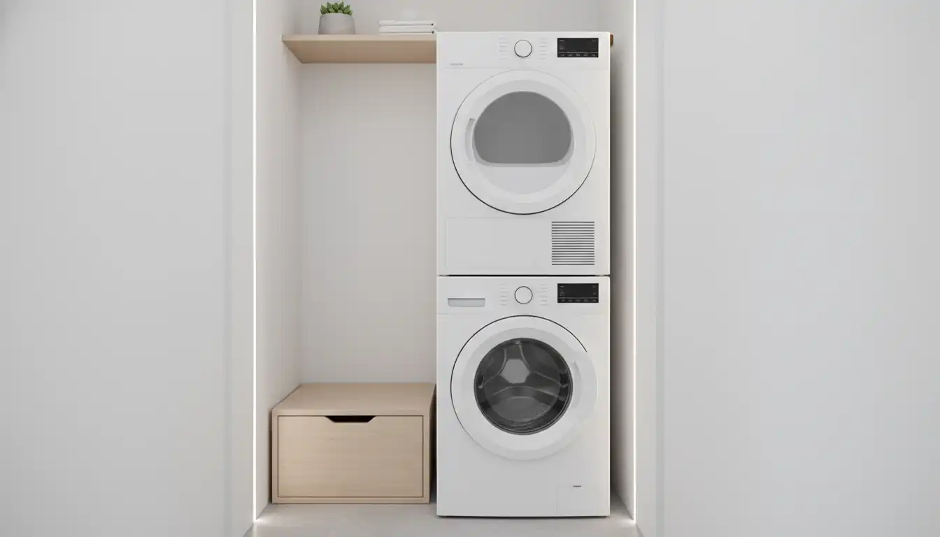 A white, compact, stackable washer and dryer unit installed in a minimalist laundry closet with white walls.