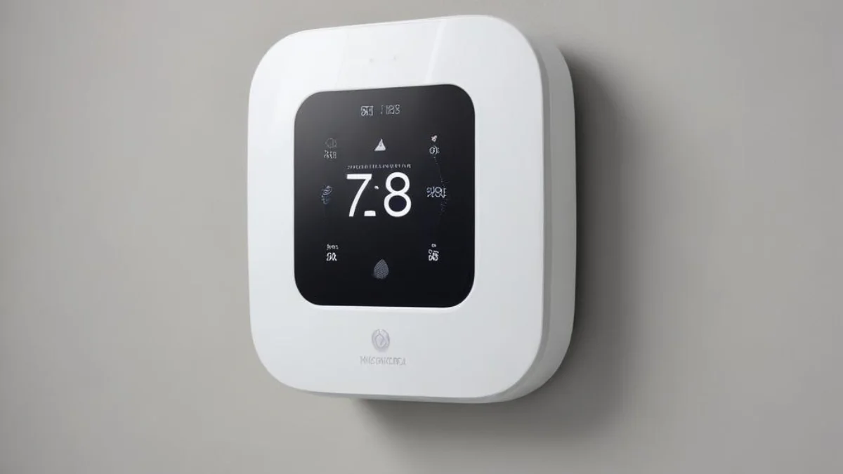 A sleek, white, wall-mounted smart thermostat with a clean, digital display on a light gray wall.