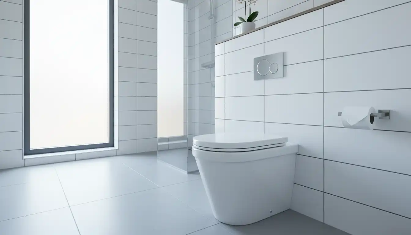 A clean, modern white ceramic toilet installed in a brightly lit bathroom with tiled walls.