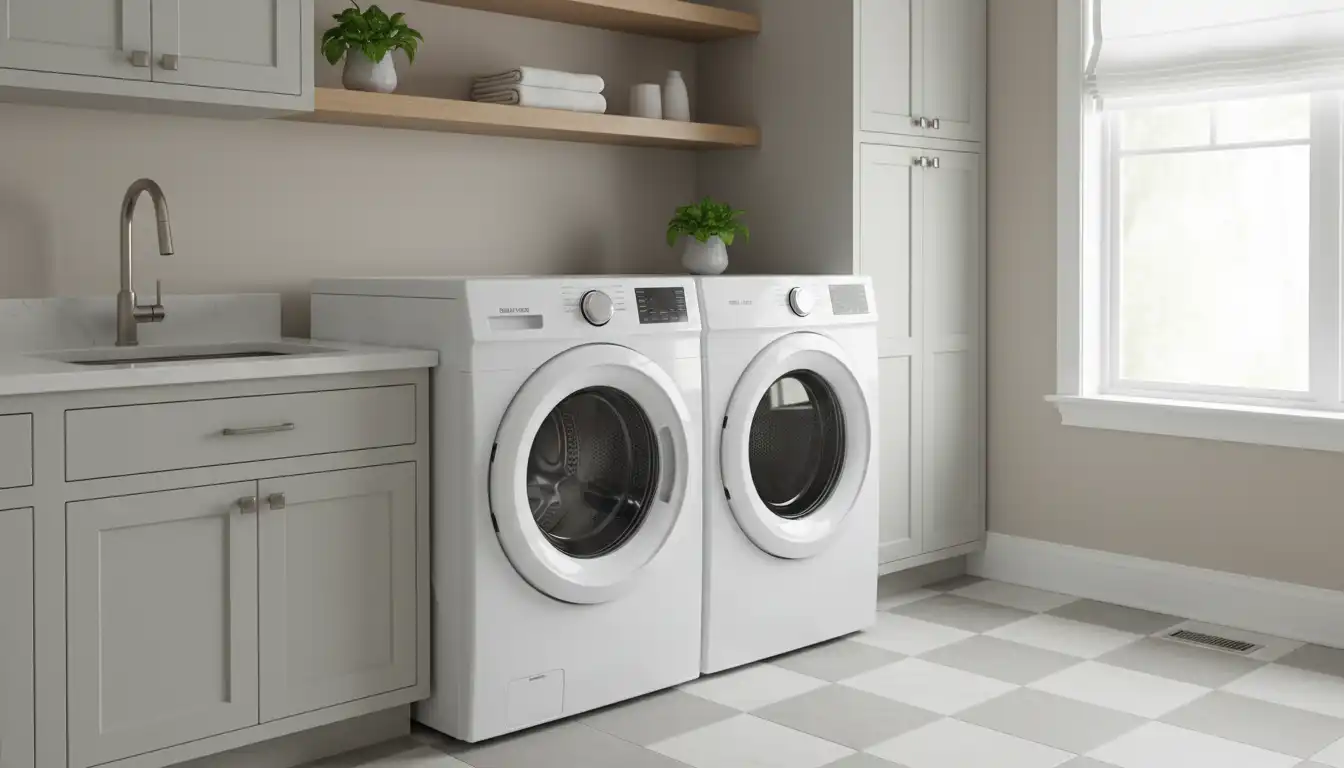 A modern, quiet front-load washer and dryer installed on a tiled second-floor laundry room with light gray cabinetry.