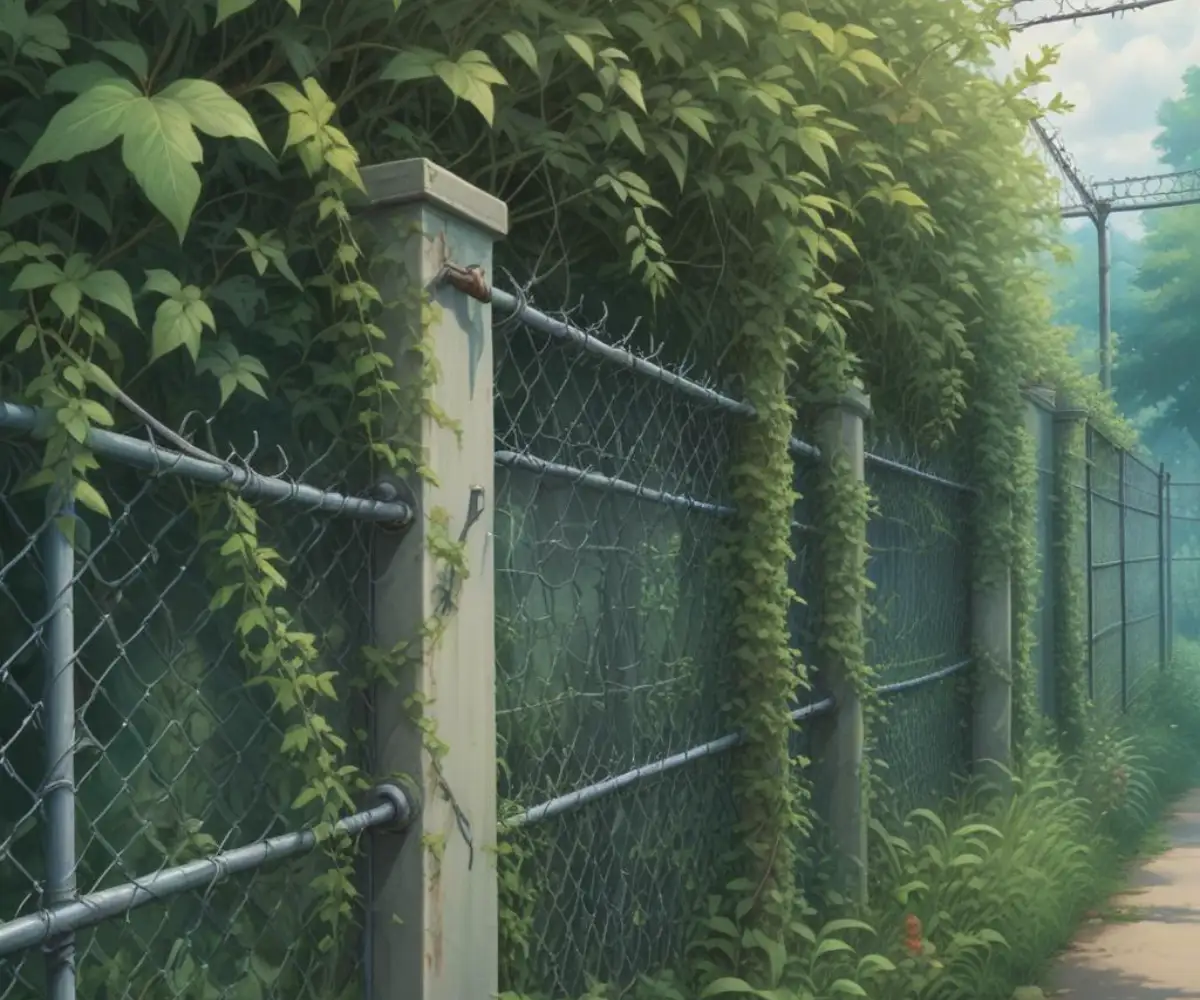 Overgrown thorny vines and thick weeds tangled in a metal chain link fence.