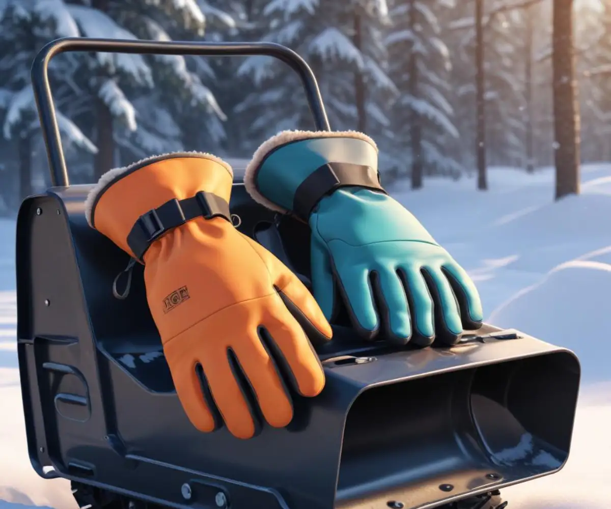 A pair of insulated, waterproof winter gloves resting on the handle of a snowblower.