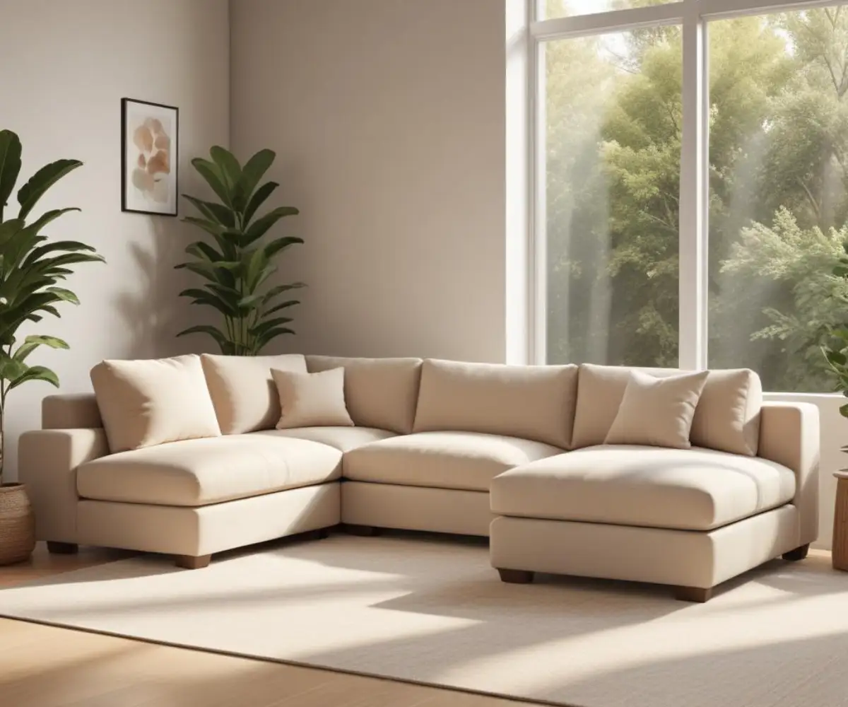 A plush, deep-seated sectional sofa with oatmeal-colored fabric and clean, modern lines.