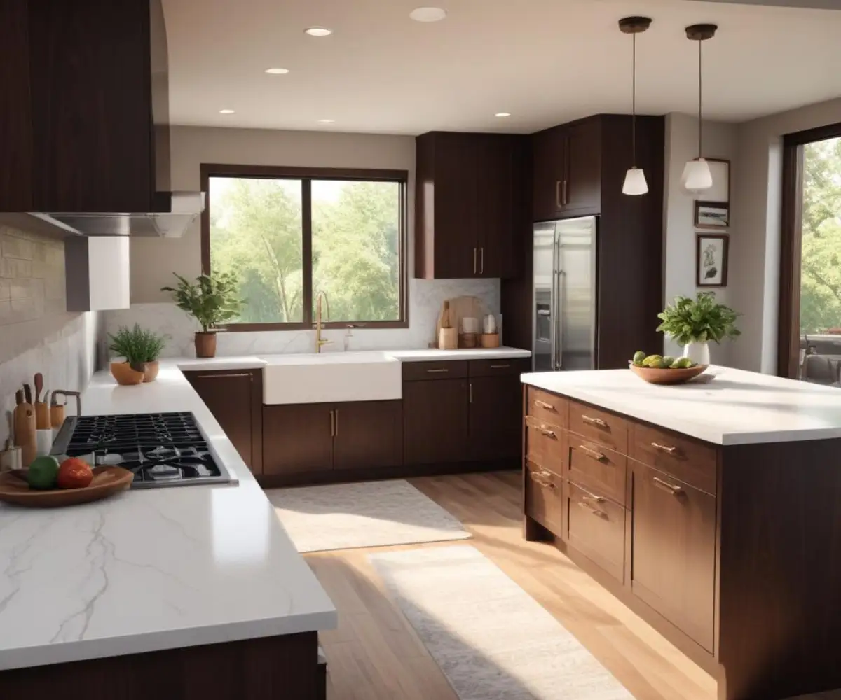 A modern kitchen with elegant, dark wood Bishop cabinets and white quartz countertops.