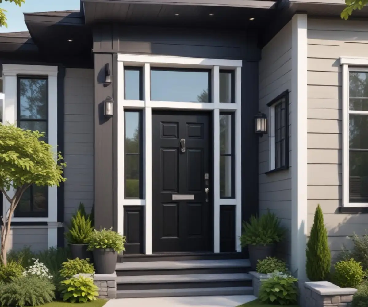 A modern home exterior featuring a black front door contrasted with crisp white window frames and trim.
