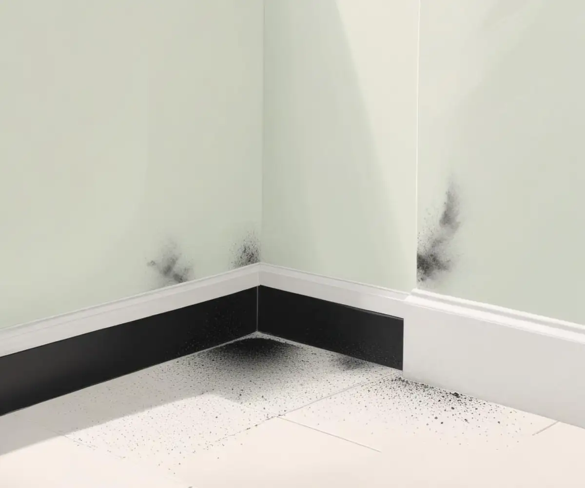 Close-up of a white bathroom corner showing an accumulation of black dust along the baseboard and floor.