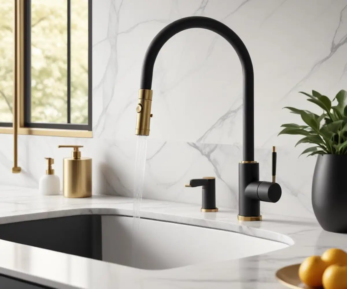 A matte black, single-handle kitchen faucet with brushed gold accents is mounted on a white marble countertop with a matching black sink.
