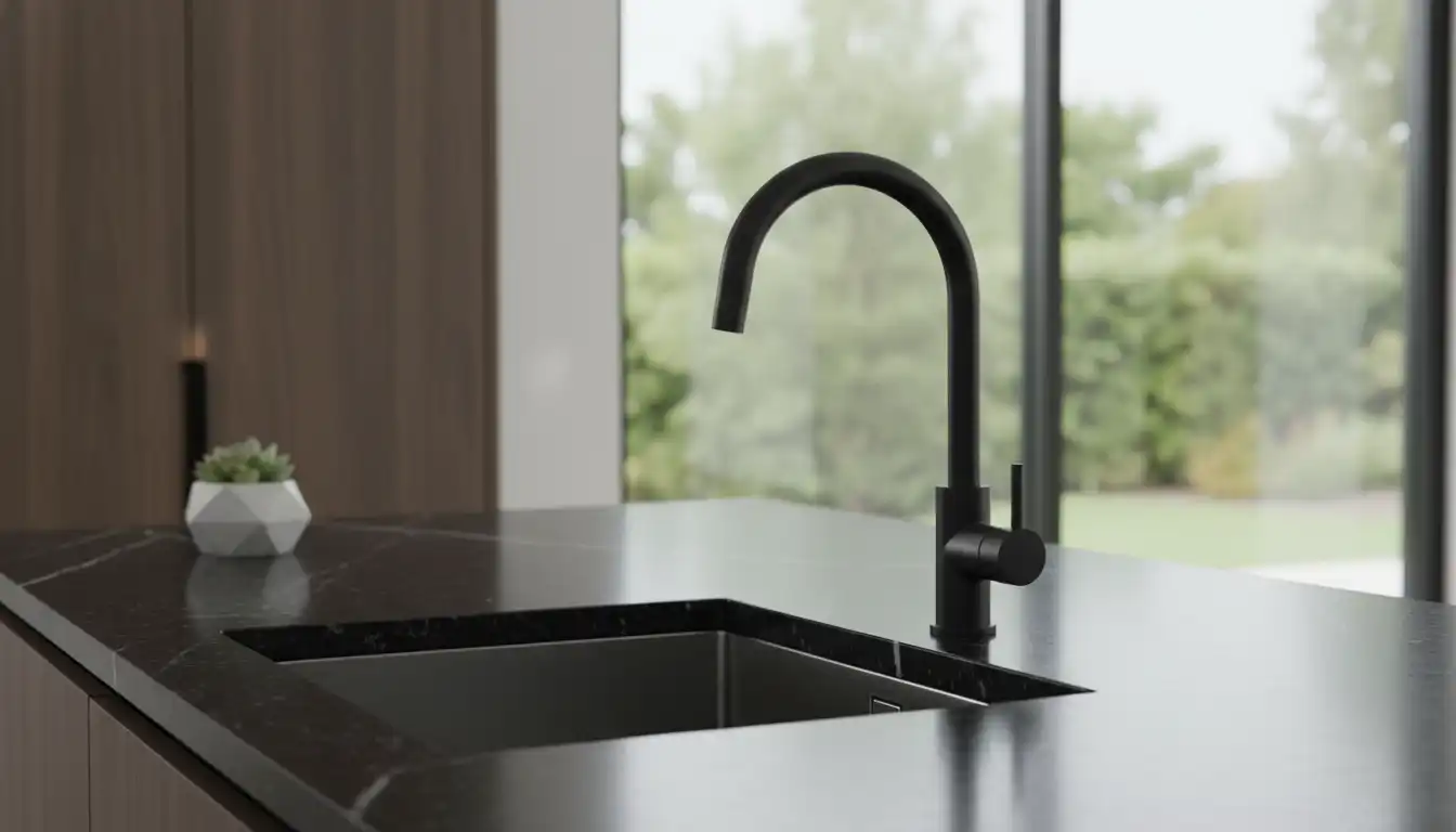 A sleek, matte black gooseneck faucet is elegantly mounted on a polished black granite countertop, reflecting the clean lines of a modern kitchen.