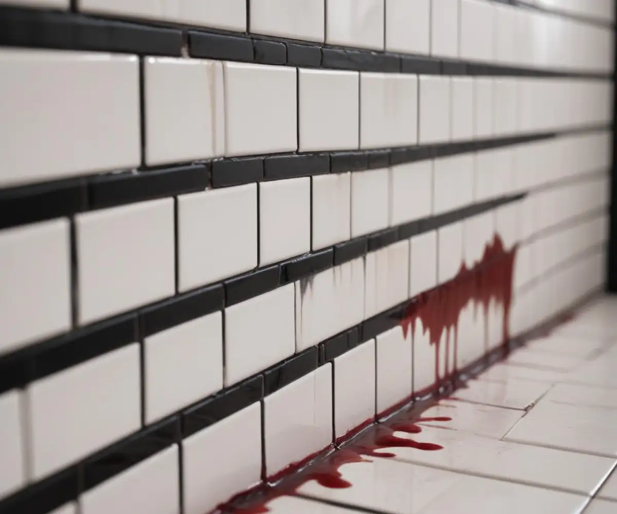 Close-up of discolored black grout lines bleeding dark pigment onto adjacent white subway tiles.
