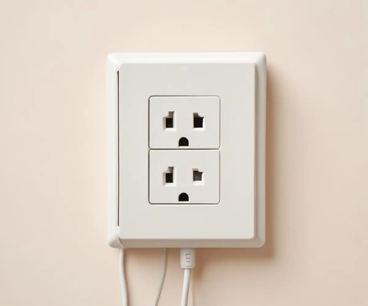 An electrical wall outlet showing signs of scorching and discoloration on a plain white wall.