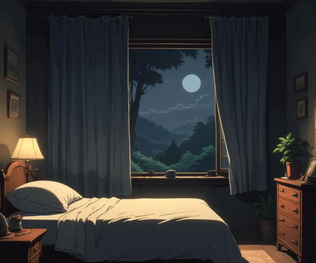 A dark bedroom with blackout curtains drawn over a window, with faint morning light trying to peek through the edges.