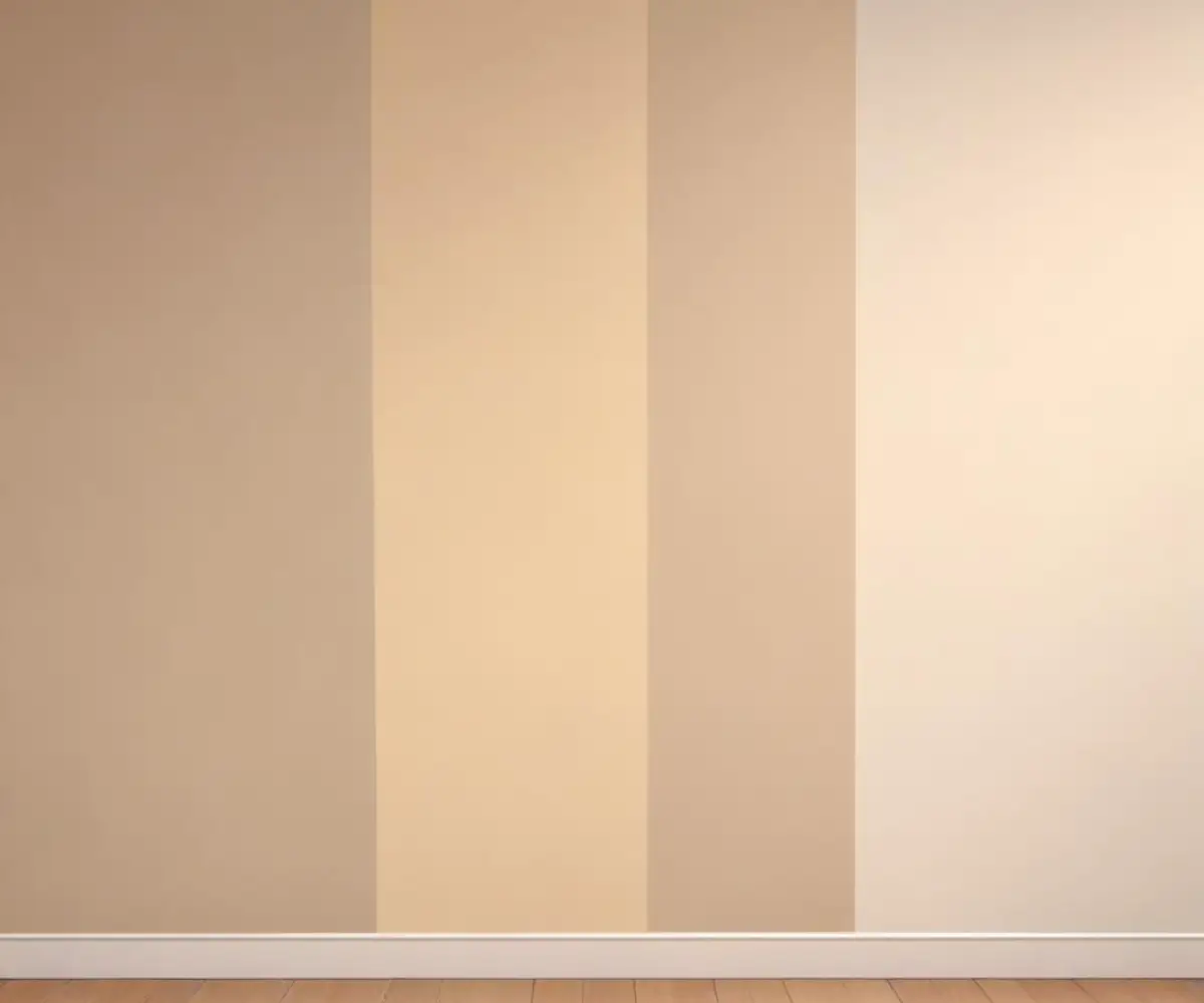 A wall painted with swatches of two different neutral beige paint colors side-by-side for comparison.